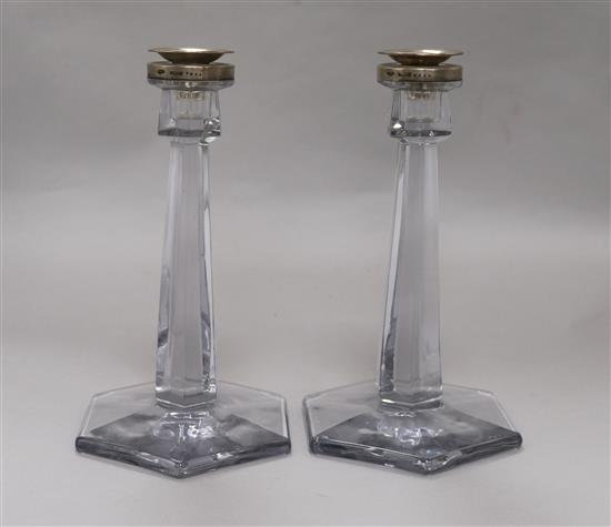 A pair silver mounted and glass candlesticks height 24cm